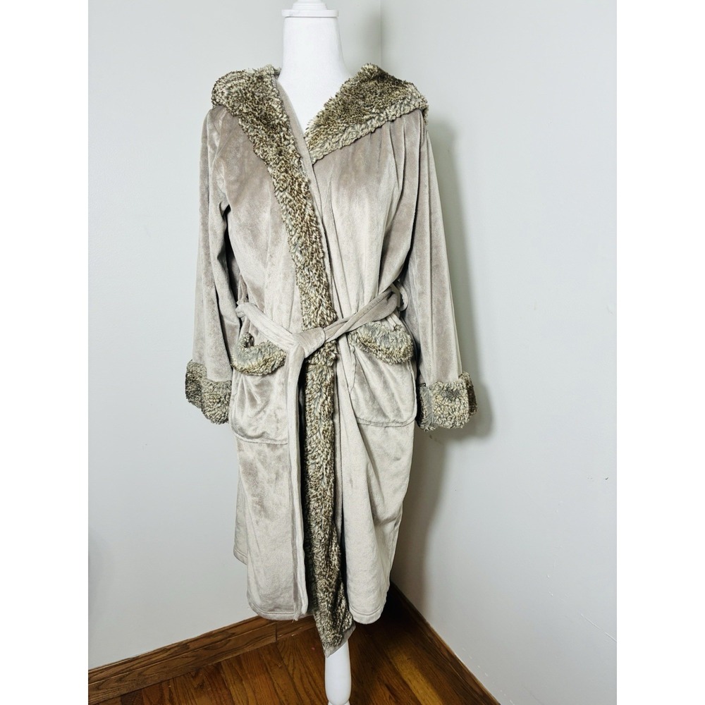 Pottery Barn Robe Womens Faux Fur Trim Hooded One Size Up To Large Brown Cozy